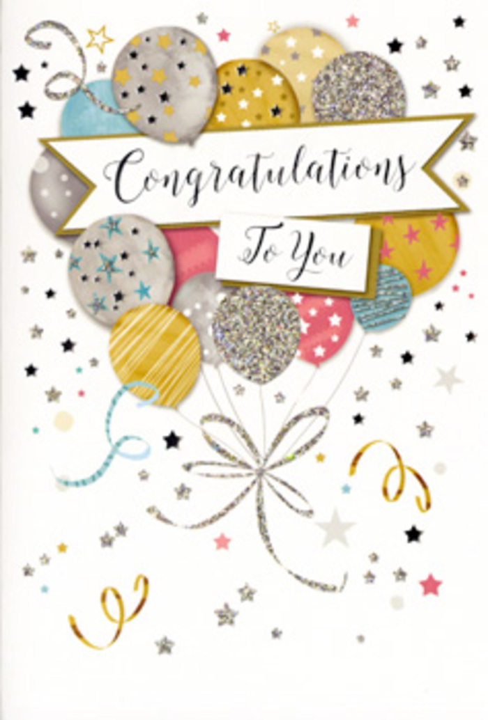 An upright congratulations card is shown in close detail, its design evoking the feeling of a quiet yet sparkling celebration, much like a relaxed gathering with friends in one of Peckham's cosy rooftop bars. At the heart of the illustration, a cluster of balloons fills the upper section of the card, overlapping and floating together as though gently drifting toward the ceiling. The colours are softly luxurious: muted metallic gold and silver, warm champagne, powdery sky blue, blush pink and a soft dove grey, all carefully shaded to suggest roundness, gloss and reflected light. Many of the balloons are adorned with delicate patterns - thin glitter-like stripes, tiny scattered stars and speckles that mimic the look of fine party confetti catching the light. From their bases trail slender ribbons rendered in bright gold and silver lines, looping downward in playful curves and subtle spirals that meet in an informal knot, like party strings gathered in someone's hand on a walk back from Peckham Levels. The background is pale and understated, almost creamy white, scattered with miniature metallic stars, small dots and curling ribbon motifs that drift loosely across the surface, hinting at movement and a gently festive atmosphere. Running across the central portion of the design is a banner, soft-edged and slightly curved, carrying the phrase Congratulations To You in flowing, calligraphic script that balances neat structure with warmth and emotion. The overall mood of the card is celebratory without being loud, perfect for pairing with a refined bouquet or hand-tied arrangement for achievements like graduations, promotions or new beginnings around Rye Lane and the wider SE15 area. Even in stillness, the illustration conveys a sense of lightness, pride and happiness ready to be shared.