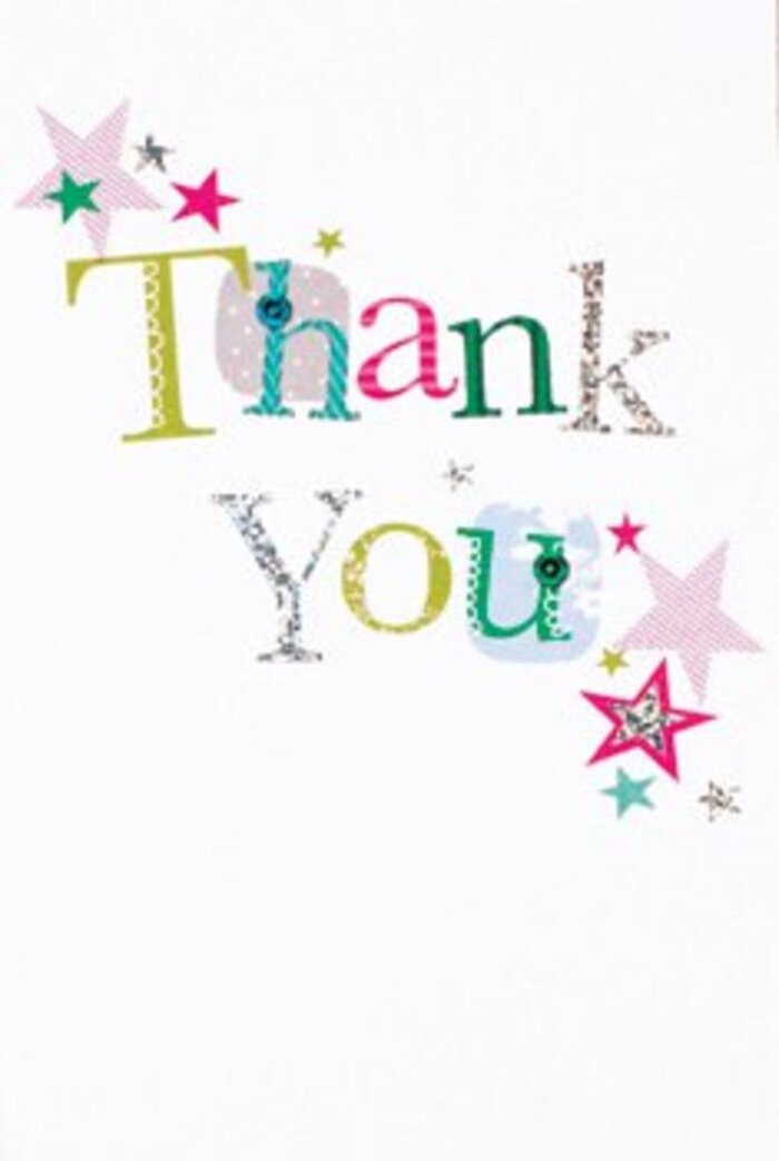 This thank you card exudes a graceful kind of exuberance, its design as spirited and layered as the community of Peckham itself. The arrangement of each letter in 'Thank You' brings a distinctive personality-some letters curve and swirl with playful spots or stitched motifs, reminiscent of artwork found along local studio walls, while others arc elegantly, suggesting a touch of quiet sophistication. A gathering of vibrant stars-striped in sparkling pinks, lush turquoise, and gleaming silvers-clusters around the central phrase as if bestowing added warmth and cheer, just like friends coming together for a festive evening on Peckham's lively streets. The white background lends a modern, airy feel, echoing the spacious calm of a morning in Burgess Park, allowing the colors to pop and the cheerful elements to dance. There is a thoughtful balance here: the card manages to feel both light-hearted and genuinely sincere, never tipping into excess, embodying the unpretentious charm that's so much a part of the area's character. Imagining this card tucked beside a hand-tied bouquet from a local florist's shop, it becomes more than a message-it's an experience. It mirrors the feeling of receiving a gesture of thanks that stays with you, uplifting, memorable, and as beautifully crafted as a wildflower arrangement picked fresh from a Peckham garden on a golden summer afternoon.