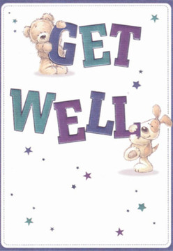 This illustrated get well card feels like a walk through Peckham's vibrant streets on a sunny afternoon-light, uplifting, and full of gentle cheer. An adorable teddy bear, its fur rendered in subtle golden hues, clings affectionately to the top of the bold 'GET', while a lively puppy, ears perked with optimism, nestles beneath the large, friendly 'WELL'. Their rounded shapes and beaming faces are painted with such care, it's as if they could spring right from Bellenden Road to offer comfort in person. The lettering-deep purples and cooling teals-pops brilliantly against a pristine ivory background, creating a contrast as fresh as petals selected for a same-day bouquet from Flower Delivery Peckham. Scattered pockets of twinkling stars drift across the image, each one a miniature wish for hope and brighter days, inspired by the openness and community spirit found around Peckham Rye. The illustration's attentive details-the plush, inviting fur and expressive eyes-evoke a sense of safe, nurturing embrace, much like the feeling you might experience upon receiving a hand-arranged bouquet at your door on a difficult day. Every brushstroke and colour choice is carefully balanced to communicate not only recovery, but the enduring warmth of friendship and local connection.