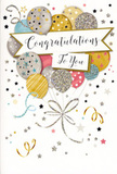 This congratulations card is captured as if standing on a polished table in a Peckham home, its artwork turning the front into a gentle burst of festivity and pride. A bouquet of illustrated balloons rises across the upper half, each balloon slightly overlapping its neighbour to form a rounded, cloud-like cluster. Their colours are soft yet celebratory: brushed gold, muted silver, champagne cream, soft sky blue, blush pink and delicate grey, all shaded to appear glossy and full, as though lit from above by a warm indoor light. Some balloons are decorated with fine, glitter-style stripes; others are sprinkled with tiny stars or specks of metallic colour that suggest a faintly tactile surface, like the rough shimmer of glitter under your fingertips. Thin, elegant balloon strings in shimmering gold and silver sweep down from the cluster, curling and looping into a loose knot near the bottom, reminiscent of ribbons trailing from party balloons carried through Peckham Rye Park on a breezy afternoon. The background is a calm, pale canvas spangled with scattered stars, tiny dots and spiralling ribbons that float through the space, echoing the carefree feeling of confetti drifting after a toast. Across the centre, a graceful banner arcs gently from side to side, bearing the words Congratulations To You in flowing script that feels personal and sincere rather than formal or stiff. The whole composition is balanced and airy, without clutter, allowing the eye to rest on the interplay of metallic tones and soft pastels. It's the kind of card that would sit beautifully beside a fresh, vibrant bouquet, quietly amplifying the joy of an important achievement, a new chapter, or a proud moment in someone's life.